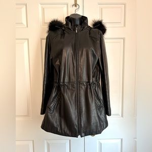 Black Leather Coat with Faux Fir Trimmed Hood